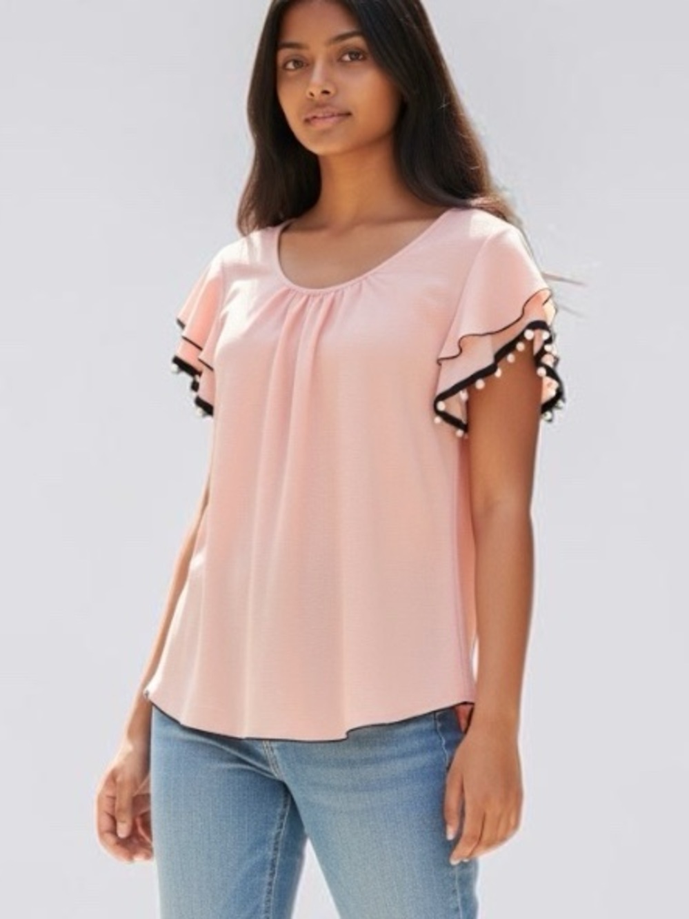 Cute pearl ruffle sleeve pink and black blouse